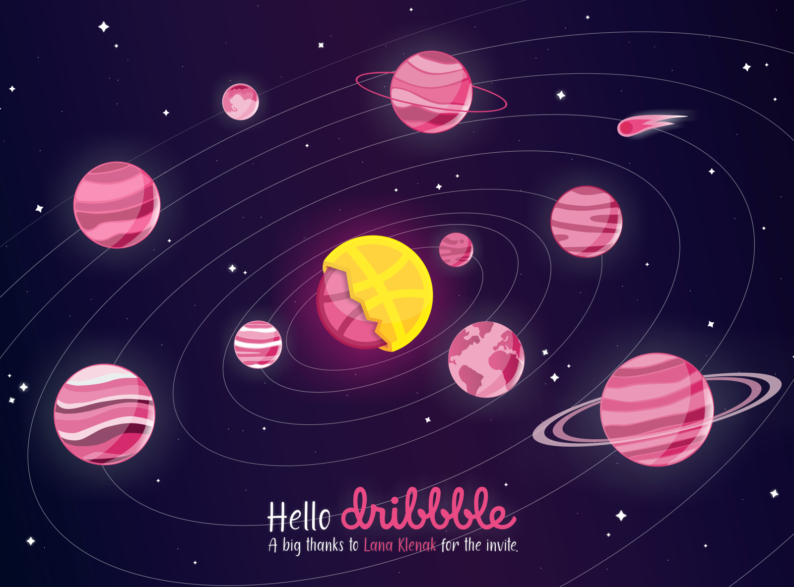 Hello, Dribbble! You're the sun to me. design dribbble dribbble first shot hello illustration invite planets solar system space stars sun thank you vector