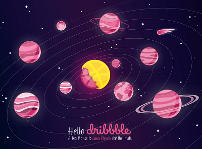 Hello, Dribbble! You're the sun to me. design dribbble dribbble first shot hello illustration invite planets solar system space stars sun thank you vector