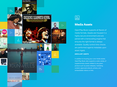 Media Assets — OpenPlay / Features album artist assets features gradient grid icon layout management media music video
