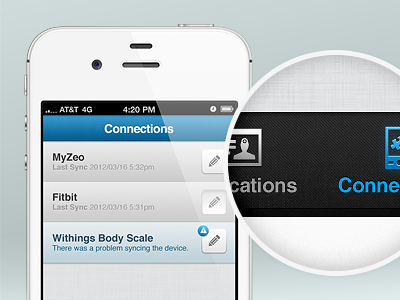 Connections app applications badge body citrusbyte devices edit fitbit health iphone mhealth myzeo pencil scale sleep steps texture warning weight withings zoom
