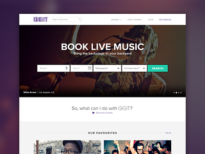 Book Live Music artists bands booking citrusbyte dj flat flat design gig live music photography purple repertoire search white arrows