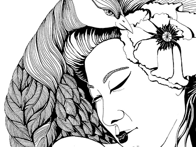 Asian Song animal asian bird blackandwhite flowers graphic illustration ink painting print woman