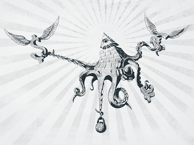 Masons octopus engraving bw currency engraving illustration masons octopus