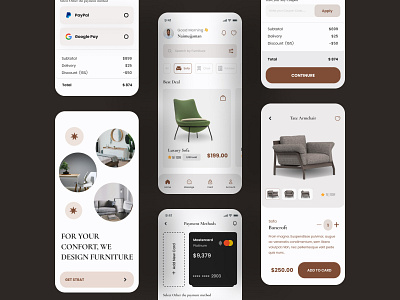 Furniture Ecommerce app add to cart armchair chair couch decor e commerce e commerce app ecommerce app furniture furniture app furniture store interior mobile app online shopping shopping app sofa ui design