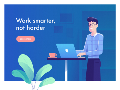 Work Smarter Not Harder flat gradient illustration landing laptop office vector