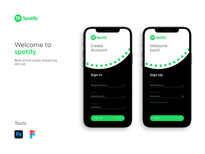 Spotify Sign In / Sign Up audio audio player design login mobile mobile app design music player registration sign in form sign in page sign in ui sign up form sign up page sign up ui spotify spotify cover web webdesign