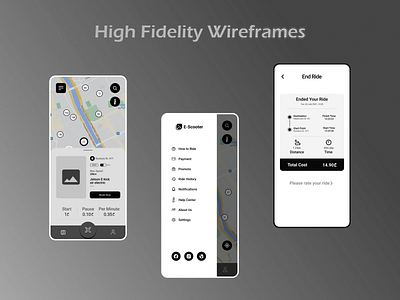 E-Scooter UX app design black and white booking e scooter electric fast ride high fidelity wireframes rent ride travel ui ux
