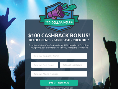 100 DOLLA HOLLA - Referral Campaign cashback cashback corp. flat flat design flat icon flat illustration icon iconography megaphone money ribbon