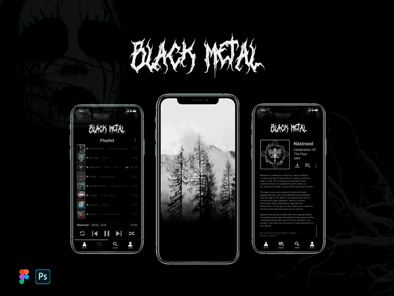 Black Metal music app animation black metal figma interface mobile app design mobile ui music app parallax ux ui