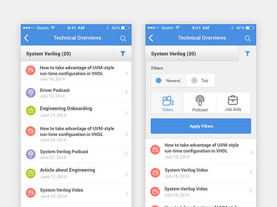 Technical Overviews App filter ios mobile ui ux