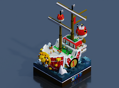 Thousand sunny go and crew fan art in voxel 3d design fanart illustration isometric voxel