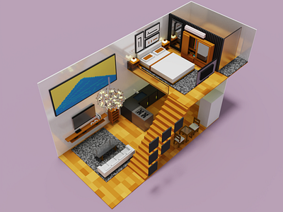 two half 3d building interior isometric solidity voxel