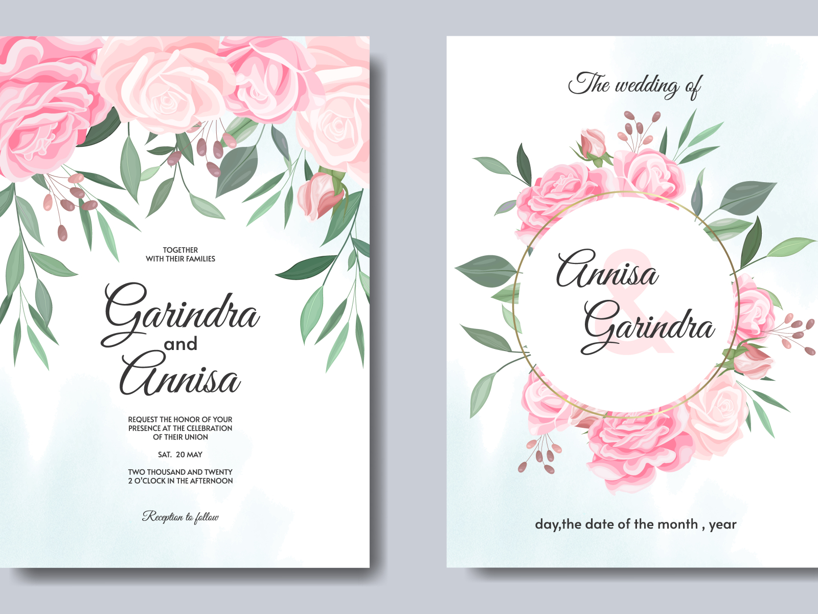 wedding invitation card template with beautiful floral leaves by MARIA ...