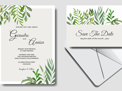 wedding invitation card template set with tropical leaves