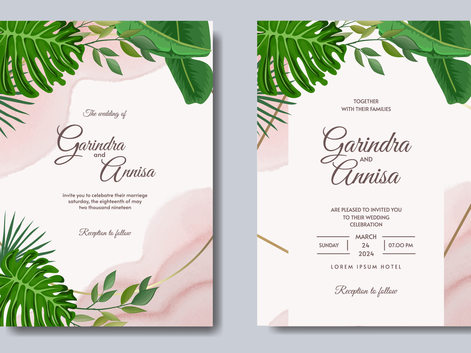 wedding invitation card template set with tropical leaves by MARIA ...