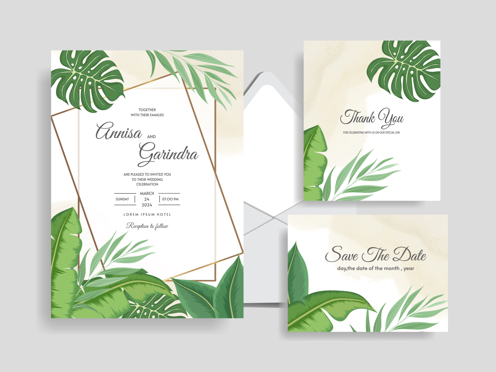 Wedding invitation card template set with tropical leaves decor by ...