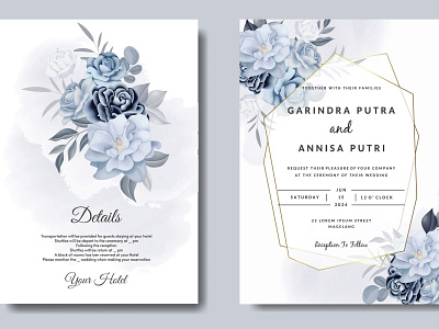 Romantic Wedding invitation card template set with blue floral