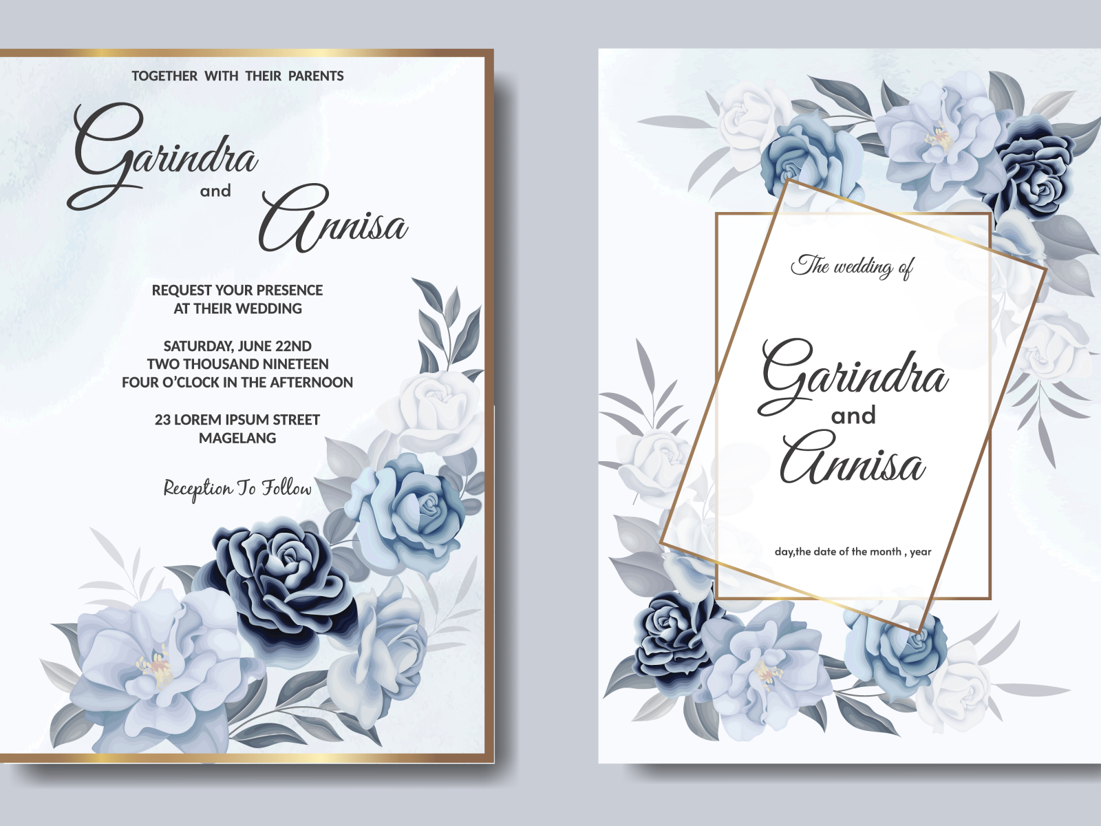 Romantic Wedding Invitation Card Template Set With Blue Floral By Maria