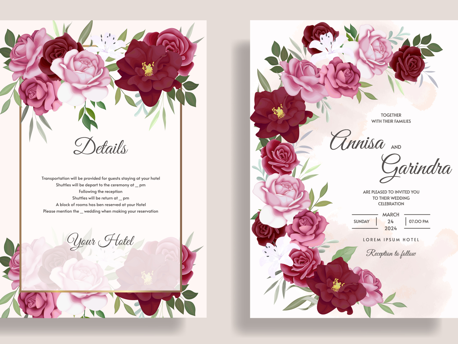 Elegant Wedding invitation card template set with burgundy flor by ...