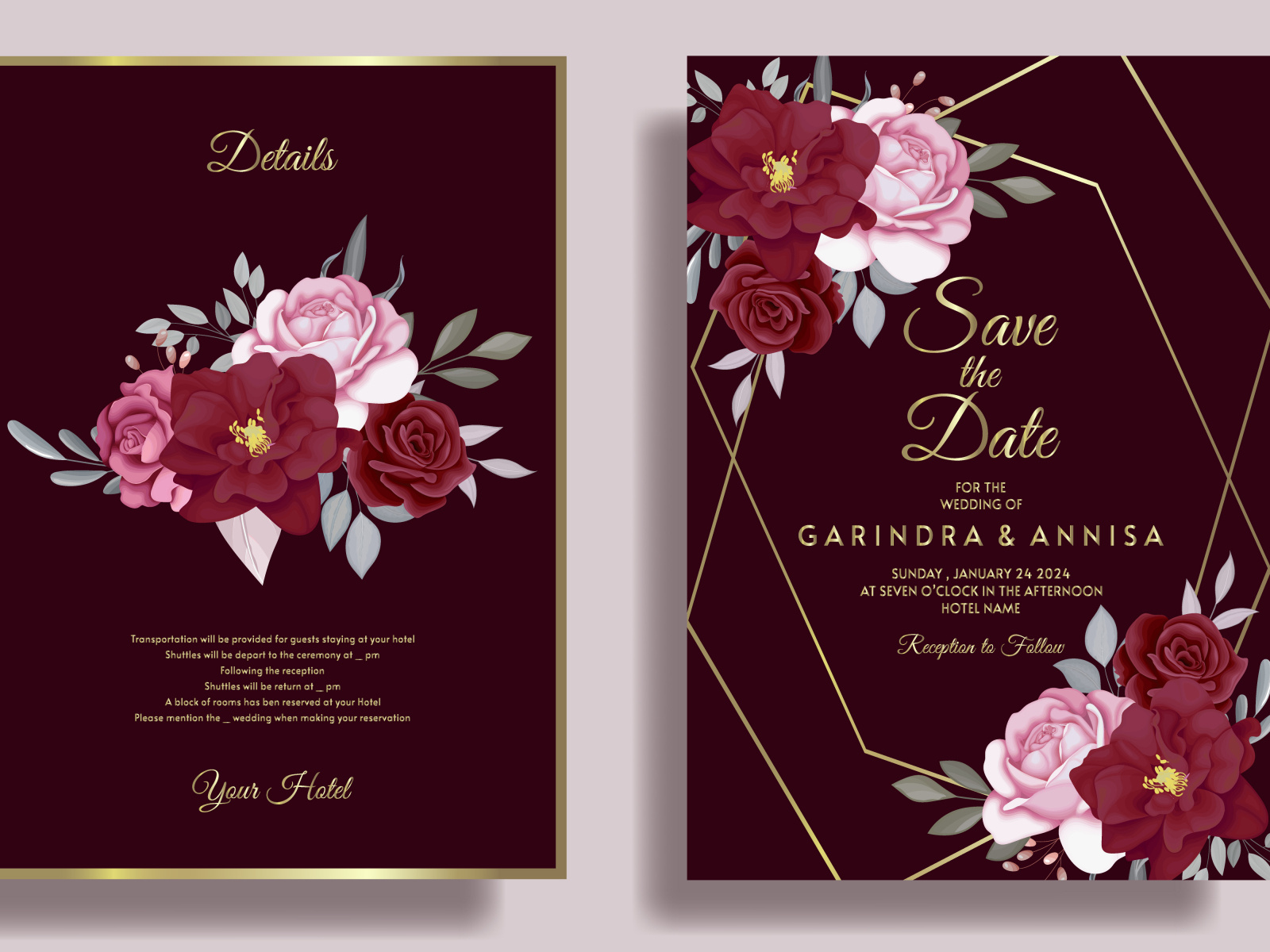 Elegant Wedding invitation card template set with burgundy flor by