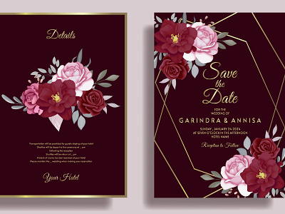 Elegant Wedding invitation card template set with burgundy flor