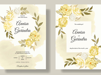 Wedding invitation card template set with beautiful floral leave