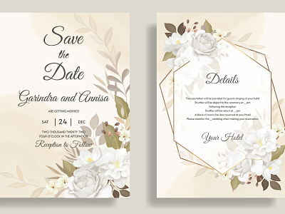 Elegant wedding invitation card template set with beautiful whi