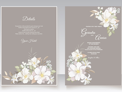 Floral wedding invitation template set with white flower and le by MARIA  NURINCE DOMINGGAS on Dribbble