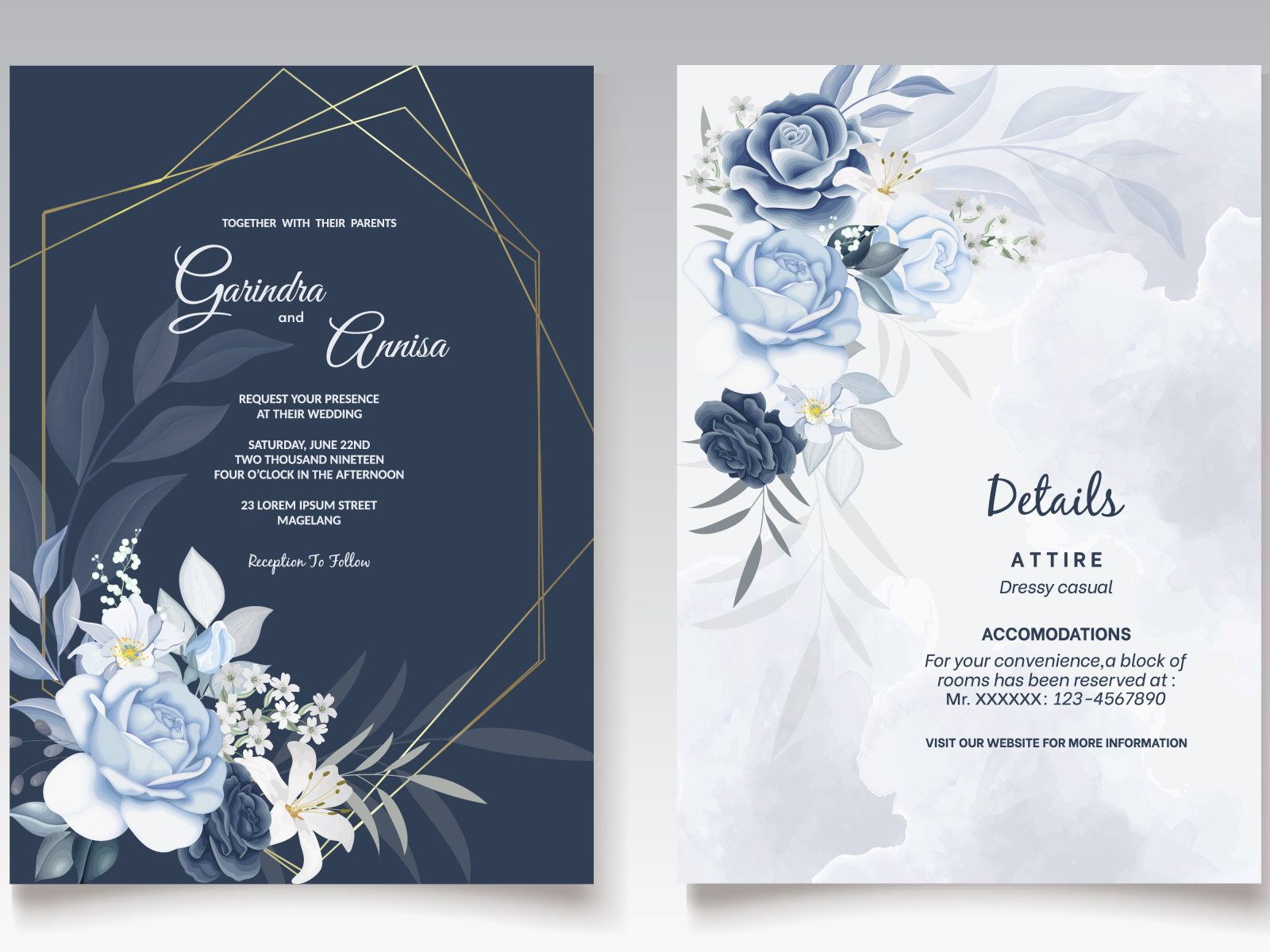 Elegant wedding invitation card with navy blue floral and leave by MARIA  NURINCE DOMINGGAS on Dribbble