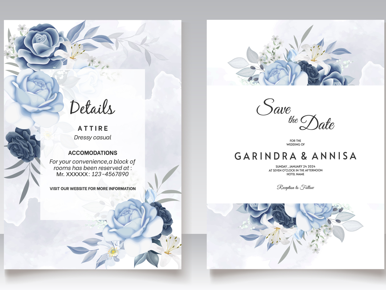 Elegant wedding invitation card with navy blue floral and leave by ...