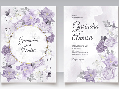 Elegant wedding invitation card with purple floral and leaves t background banner border card decoration design elegant flyer frame greeting invitation invite marriage poster premium purple rsvp template vector wedding