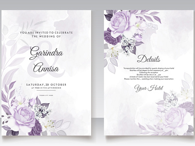 Elegant wedding invitation card with purple floral and leaves t background banner border card decoration design elegant flyer frame greeting invitation invite marriage poster premium purple rsvp template vector wedding