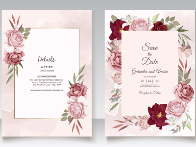 Wedding invitation card template set with maroon  floral leave