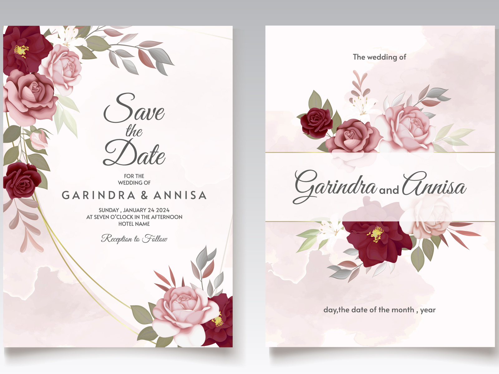 Wedding invitation card template set with maroon floral leave by MARIA ...