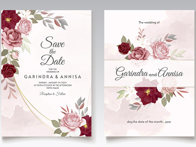 Wedding invitation card template set with maroon floral leave and award burgundy business coupon currency design elegant for gift gold hand monetary ornament premium reward set value vector wedding