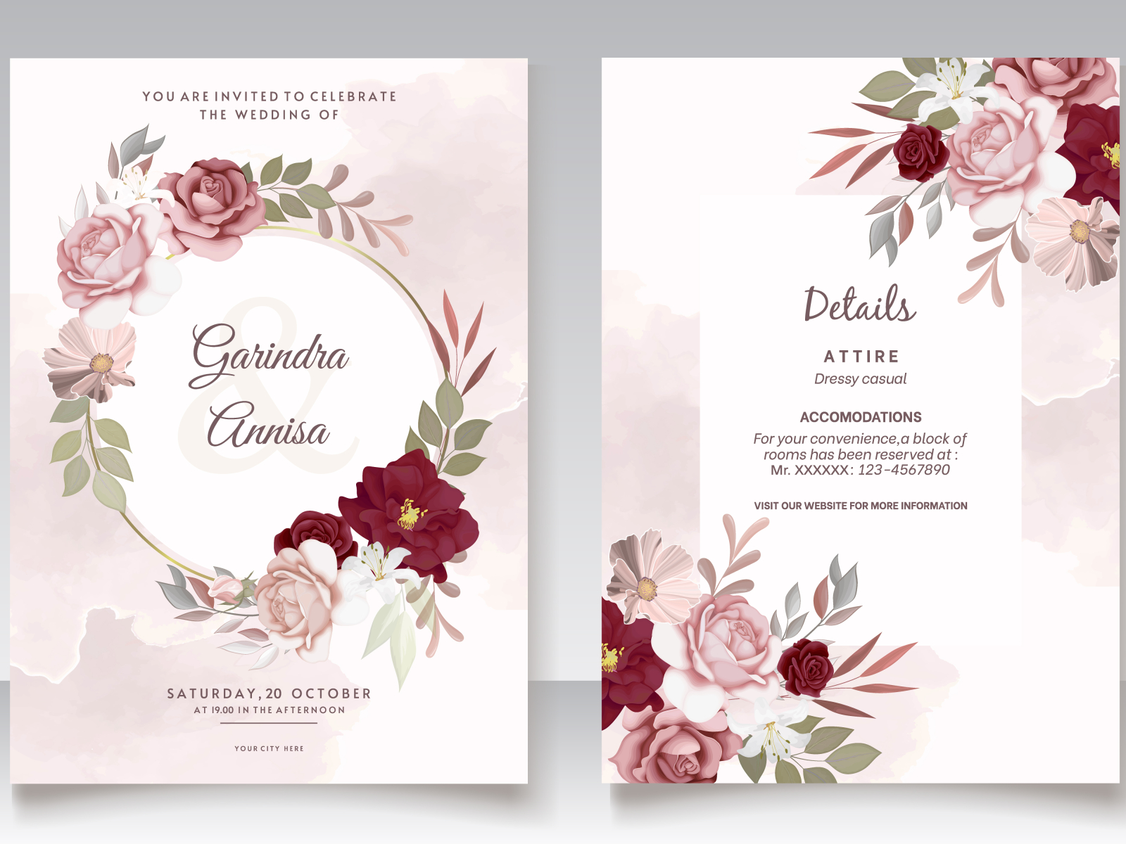 Wedding invitation card template set with maroon floral leave by MARIA ...