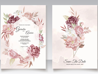 Elegant wedding invitation card with brown floral and leaves Pr abstract baroque brown decorative design elegant element floral flower frame graphic greeting invitation leaf premium retro template vector vintage wedding