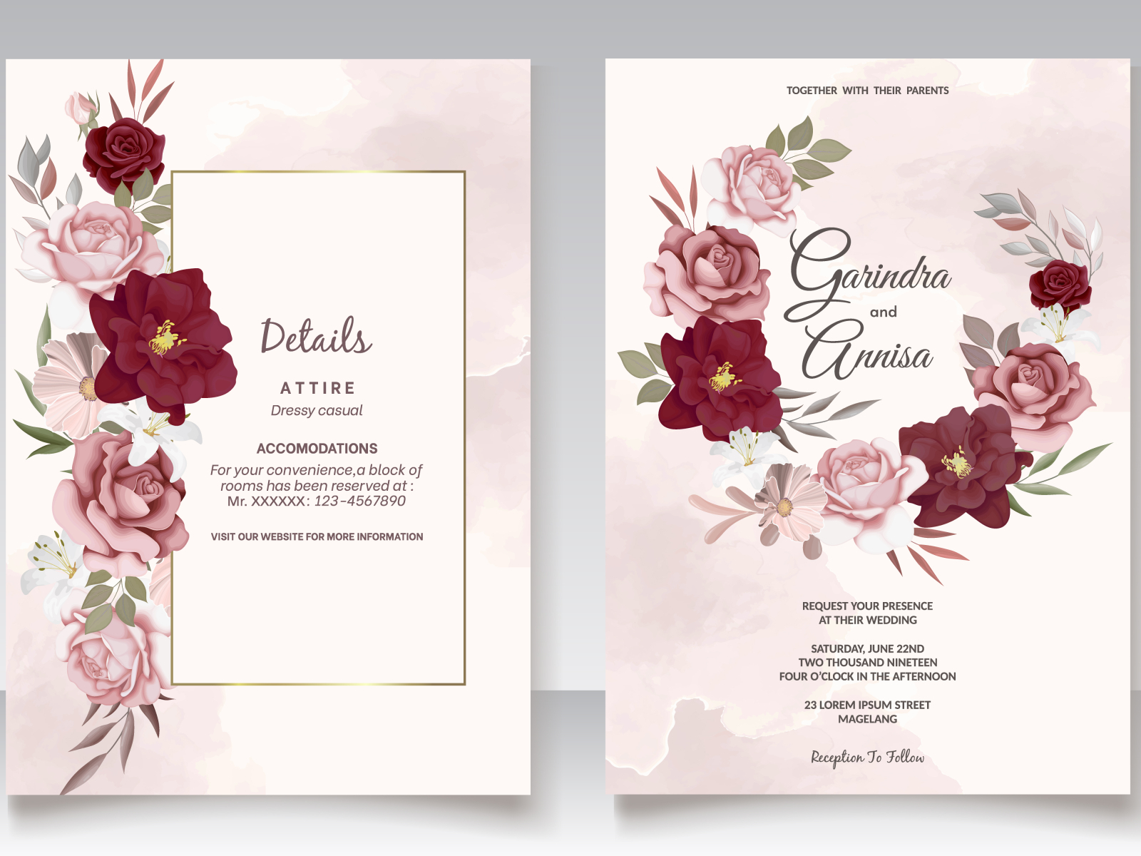 Elegant wedding invitation card with beautiful maroon floral an by ...