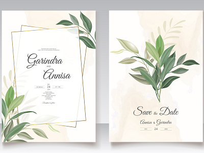 Elegant wedding invitation card leaves border card decoration decorative design elegant floral frame illustration invitation invite leaf plant romantic set spring vector vintage watercolor wedding