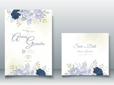 Romantic Wedding invitation card template set with blue floral l