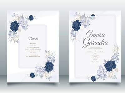 Romantic Wedding invitation card template set with blue floral