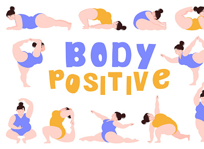 Body positive body positive cartoon decor design drawing female girls graphic design icon illustration meditation physical exercise plump girl sport training various positions vector we can woman yoga