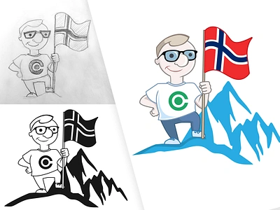 A programmer with a Norwegian flag. Illustration. adobe illustartor caddiesoft constitution day of norway flag flag illustration illustration man with flag may 17 mountain mountain illustration national day norge norway norwegian flag