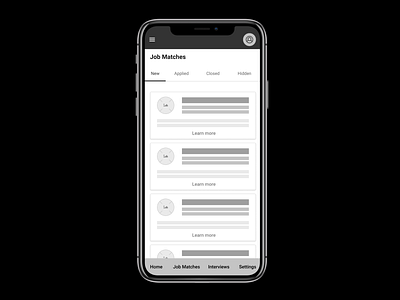 Job matches, early wireframe