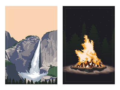 Yosemite Locations campfire camping falls illustration illustrator outdoors peaceful retro rocks soft vector vintage warm warm colors waterfall yosemite yosemite valley