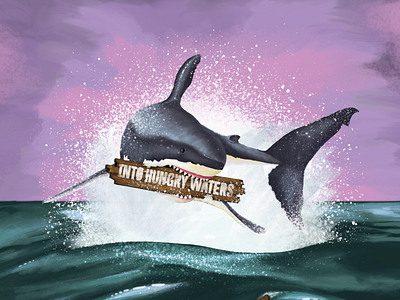 Hungry Waters blues board game box design chalk deep digital painting great white hungry jaws ocean photoshop pink sky scary sea shadows shark teeth water waves whale