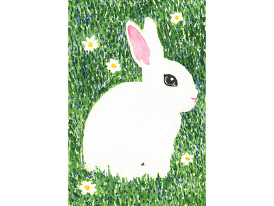 Hotot animals color flowers green paint rabbit traditional art watercolor