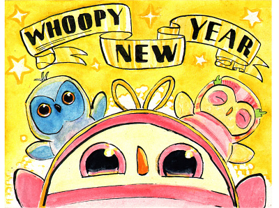 Whoopy New Year animals color drawing font illustration ink paint traditional art typography watercolor