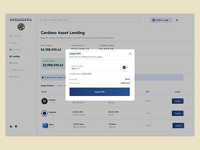 Lending: Supply Modal design minimal ui web3