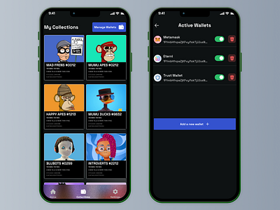 NFT Aggregator (Active Wallets) dark mode design minimal ui web3